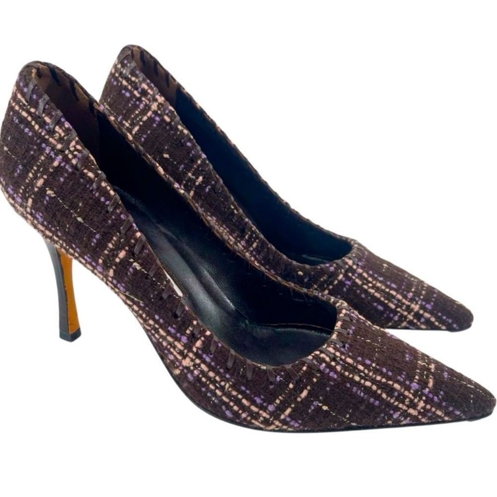 Manolo Blahnik BB Tweed Whipstitch Pumps Pointed Toe Purple Brown 37.5 / 7.5